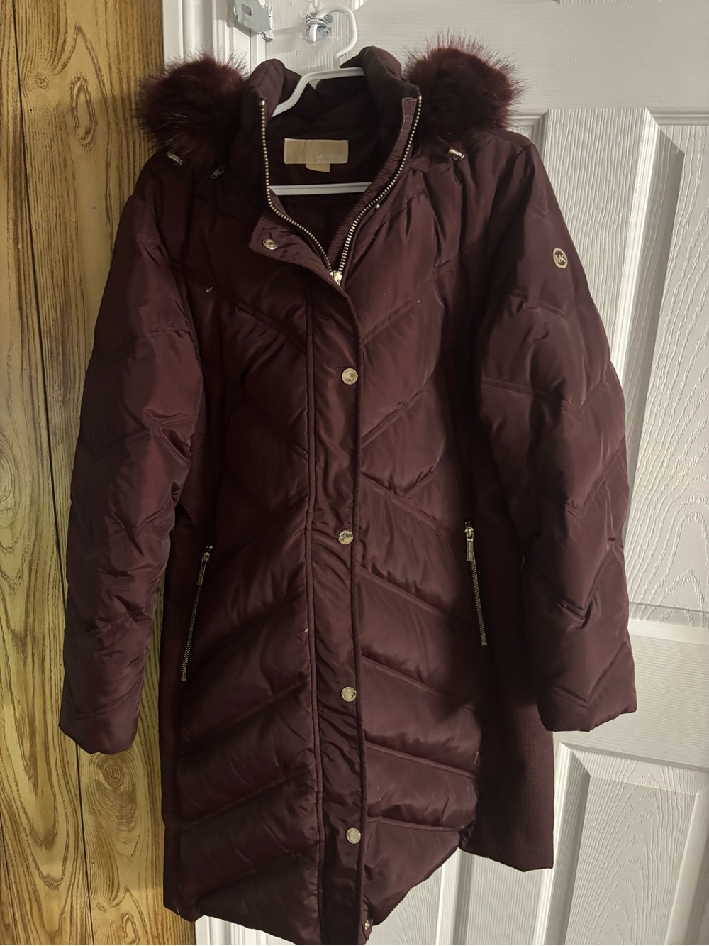 Michael Kors Women's Long Puffer Coat with Faux Fur Hood - Burgundy
